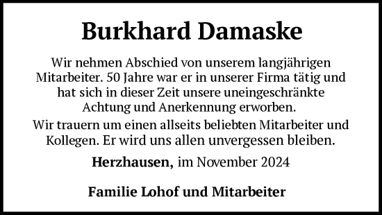 Traueranzeige von Burkhard Damaske von WLZ