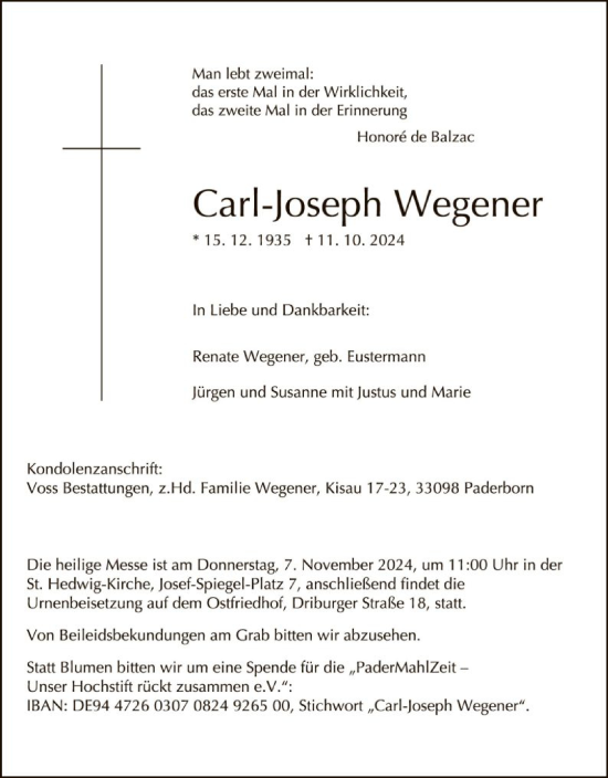 Traueranzeige von Carl-Joseph Wegener von WLZ
