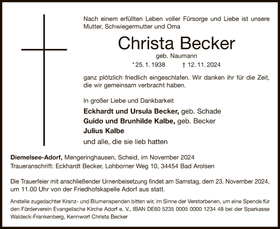 Traueranzeige von Christa Becker von WLZ