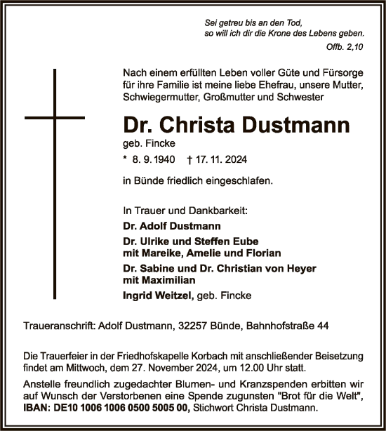 Traueranzeige von Christa Dustmann von WLZ