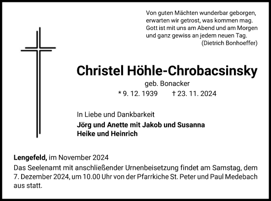 Traueranzeige von Christel Höhle-Chrobacsinsky von WLZ