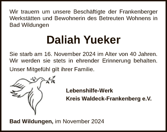 Traueranzeige von Daliah Yueker von WLZ
