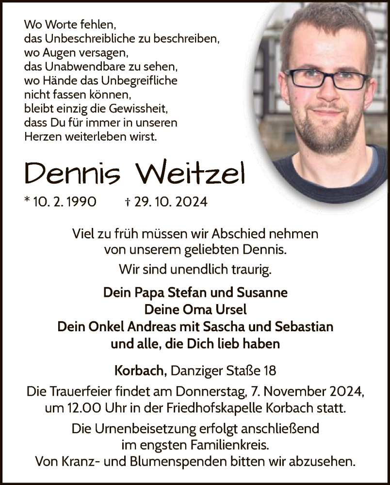  Traueranzeige für Dennis Weitzel vom 02.11.2024 aus WLZ