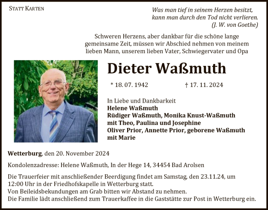 Traueranzeige von Dieter Waßmuth von WLZ