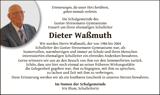 Traueranzeige von Dieter Waßmuth von WLZ