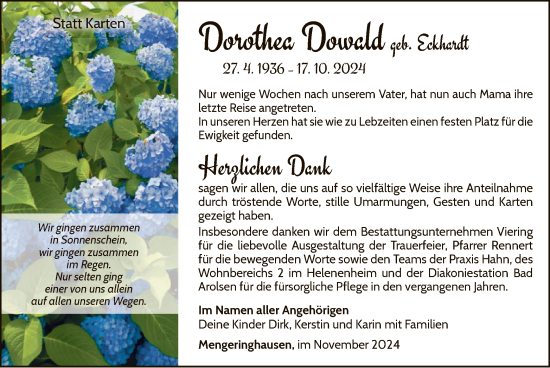 Traueranzeige von Dorothea Dowald von WLZ