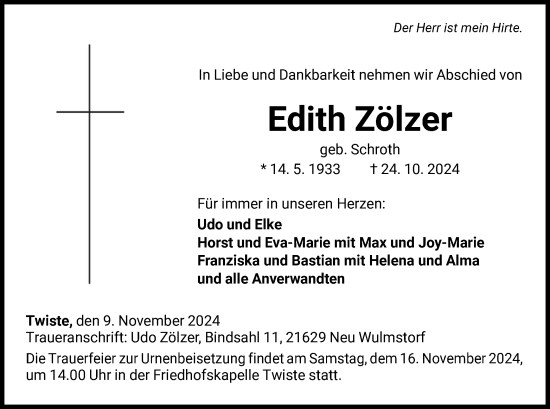 Traueranzeige von Edith Zölzer von WLZ