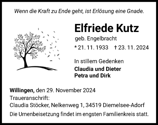 Traueranzeige von Elfriede Kutz von WLZ