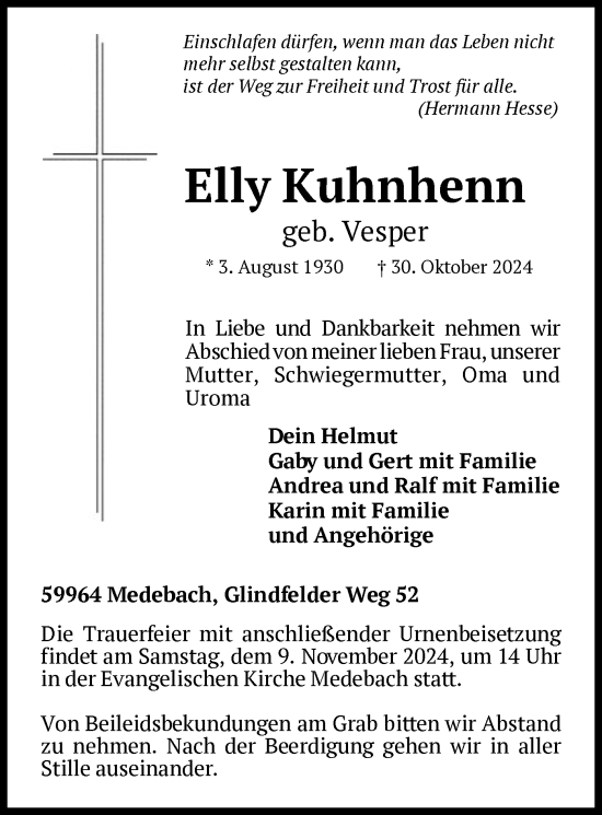 Traueranzeige von Elly Kuhnhenn von WLZ