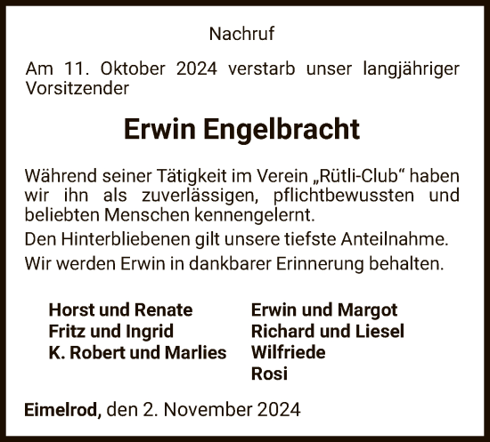 Traueranzeige von Erwin Engelbracht von WLZ