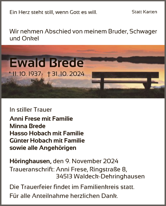 Traueranzeige von Ewald Brede von WLZ