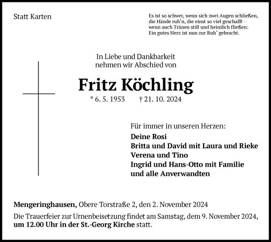 Traueranzeige von Fritz Köchling von WLZ