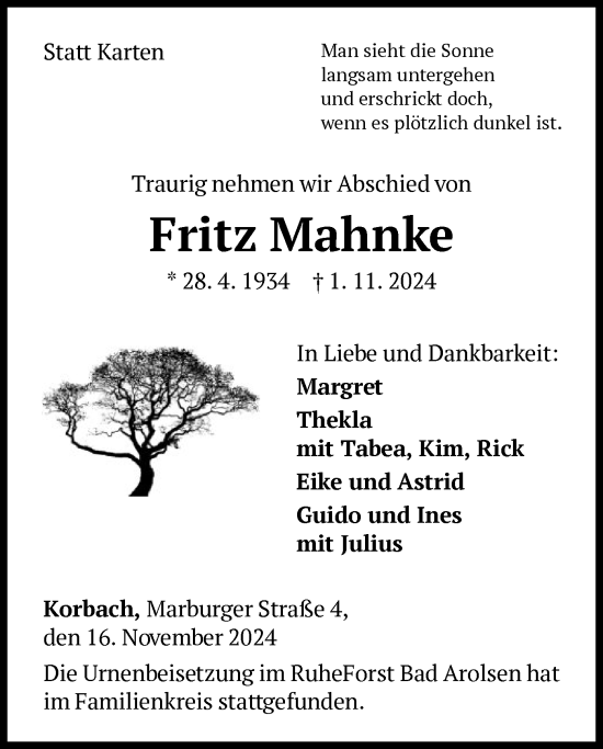 Traueranzeige von Fritz Mahnke von WLZ