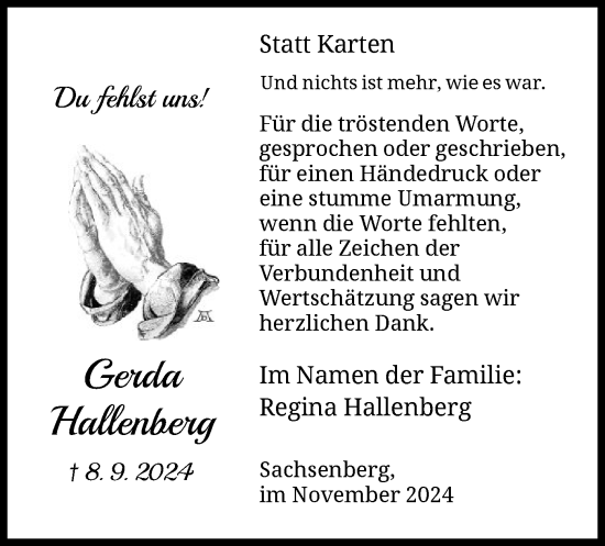 Traueranzeige von Gerda Hallenberg von WLZ