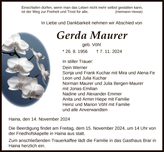 Traueranzeige von Gerda Maurer von WLZ