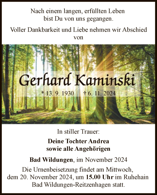 Traueranzeige von Gerhard Kaminski von WLZ