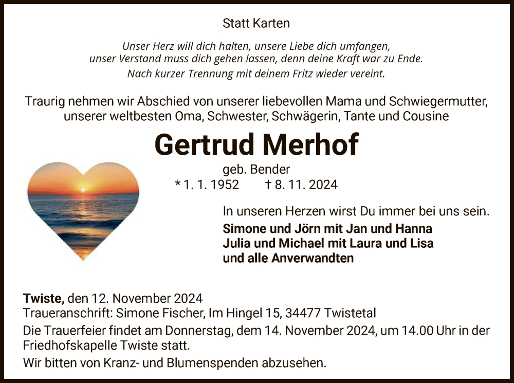  Traueranzeige für Gertrud Merhof Merhof vom 12.11.2024 aus WLZ