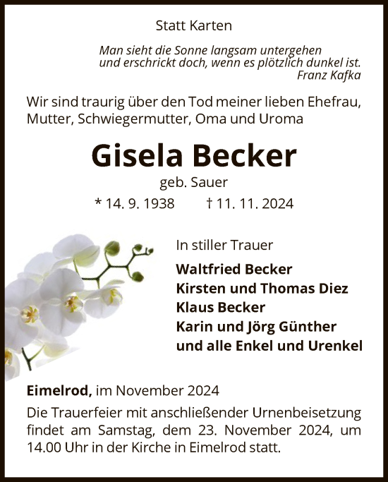 Traueranzeige von Gisela Becker von WLZ