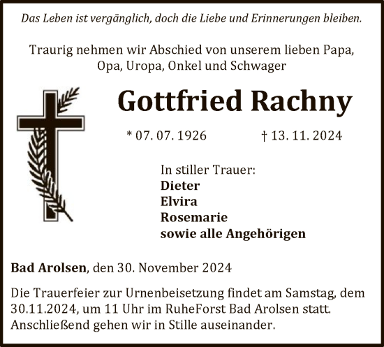 Traueranzeige von Gottfried Rachny von WLZ