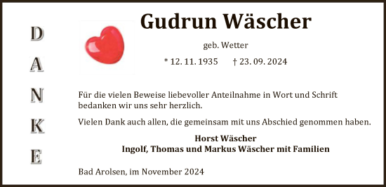 Traueranzeige von Gudrun Wäscher von WLZ