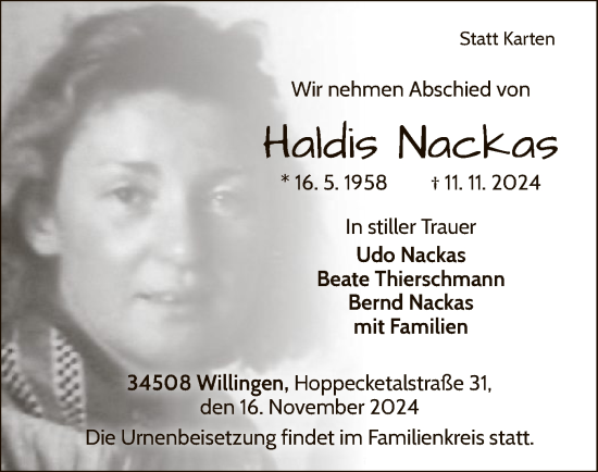 Traueranzeige von Haldis Nackas von WLZ