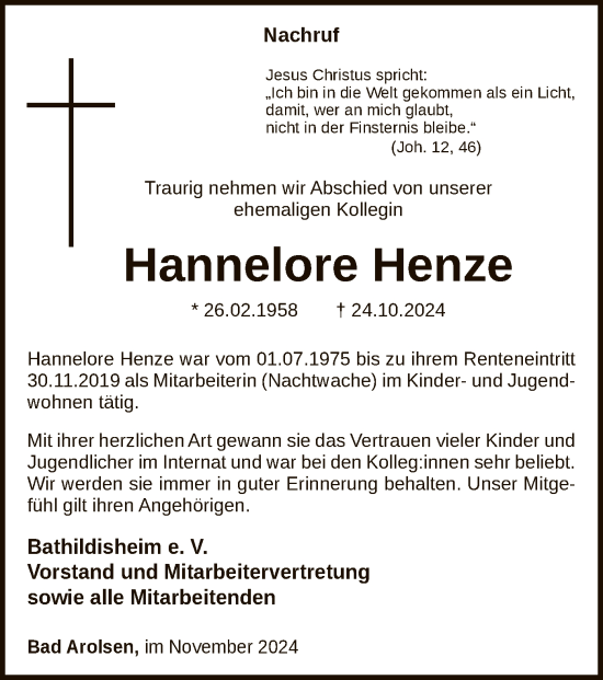 Traueranzeige von Hannelore Henze von WLZ