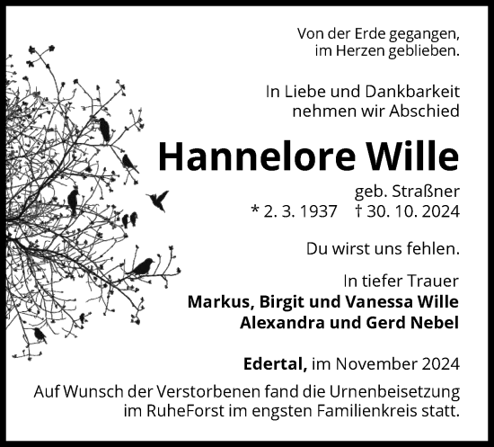 Traueranzeige von Hannelore Wille von WLZ