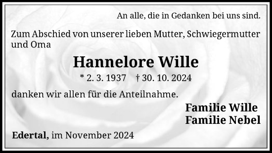 Traueranzeige von Hannelore Wille von WLZ