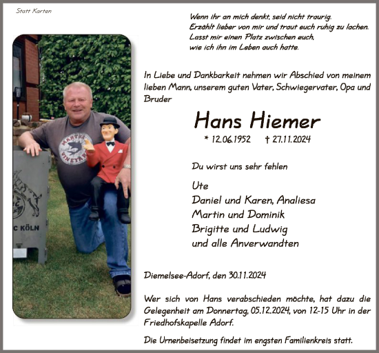 Traueranzeige von Hans Hiemer von WLZ