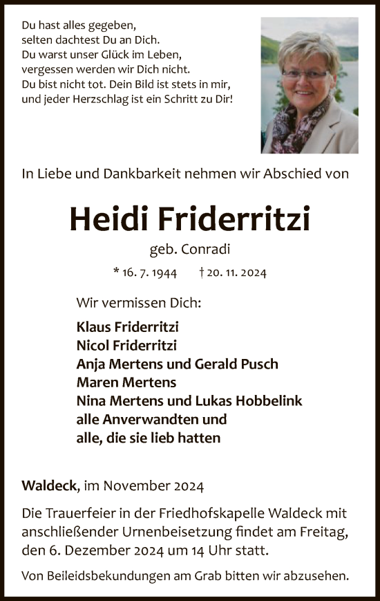 Traueranzeige von Heidi Friderritzi von WLZ