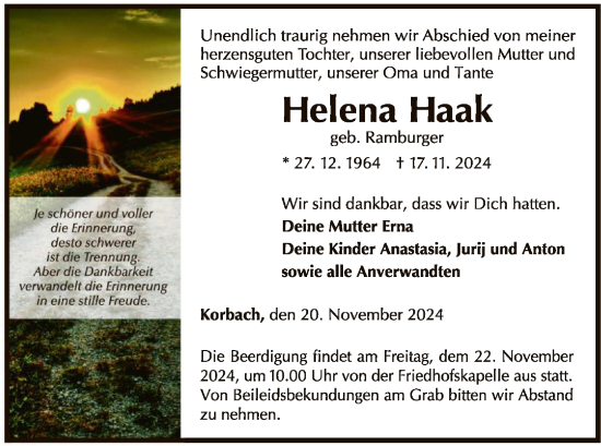 Traueranzeige von Helena Haak von WLZ