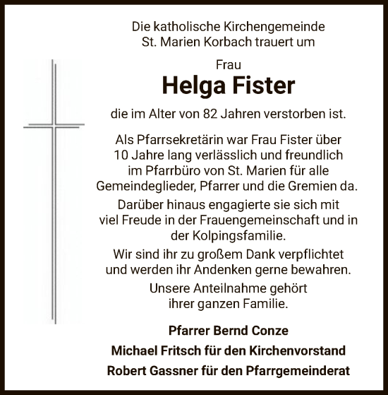 Traueranzeige von Helga Fister von WLZ