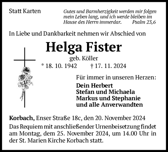 Traueranzeige von Helga Fister von WLZ