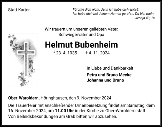 Traueranzeige von Helmut Bubenheim von WLZ