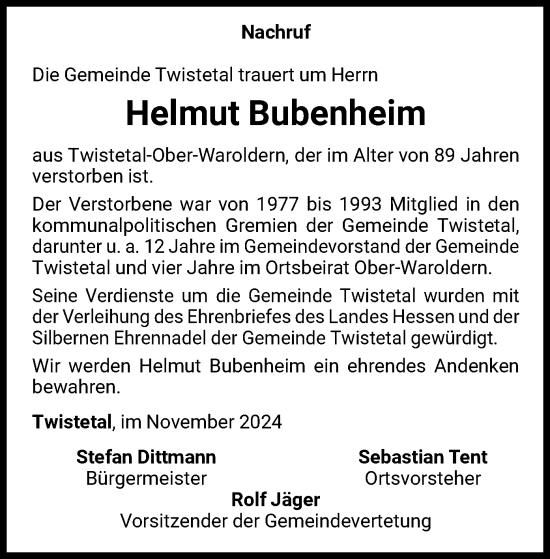 Traueranzeige von Helmut Bubenheim von WLZ