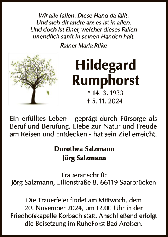 Traueranzeige von Hildegard Rumphorst von WLZ