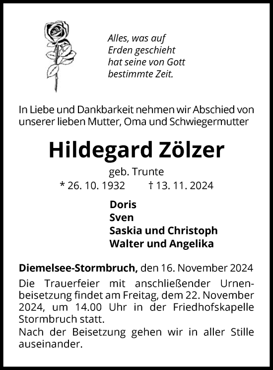 Traueranzeige von Hildegard Zölzer von WLZ