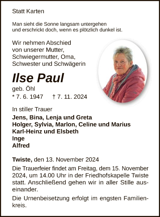 Traueranzeige von Ilse Paul von WLZ