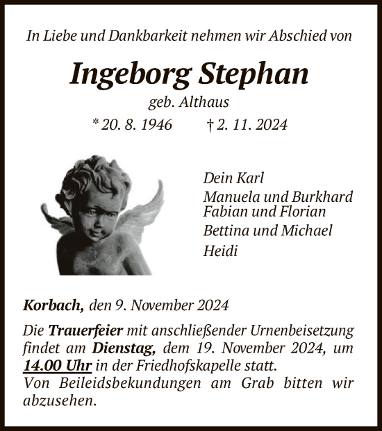 Traueranzeige von Ingeborg Stephan von WLZ