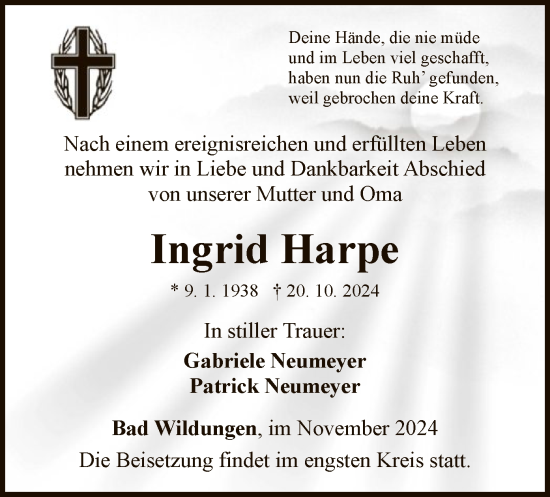 Traueranzeige von Ingrid Harpe von WLZ