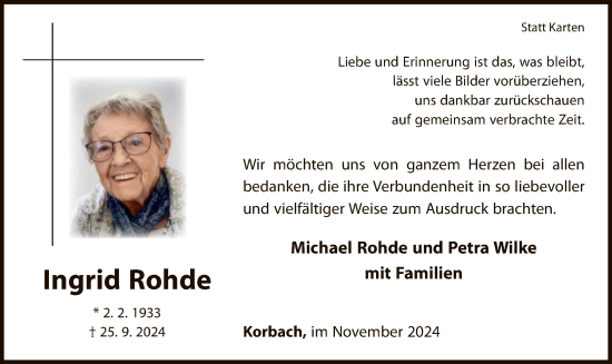 Traueranzeige von Ingrid Rohde von WLZ