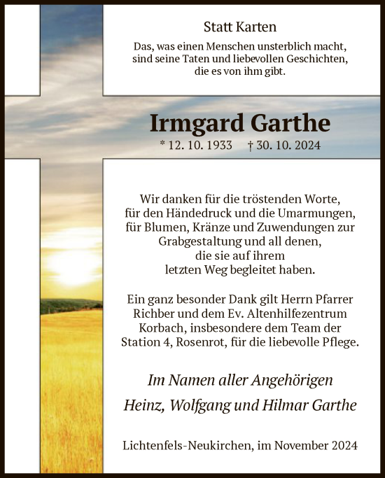 Traueranzeige von Irmgard Garthe von WLZ