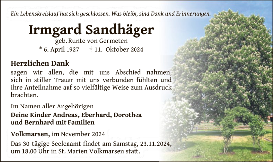 Traueranzeige von Irmgard Sandhäger von WLZ