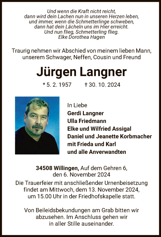  Traueranzeige für Jürgen Langner vom 06.11.2024 aus WLZ