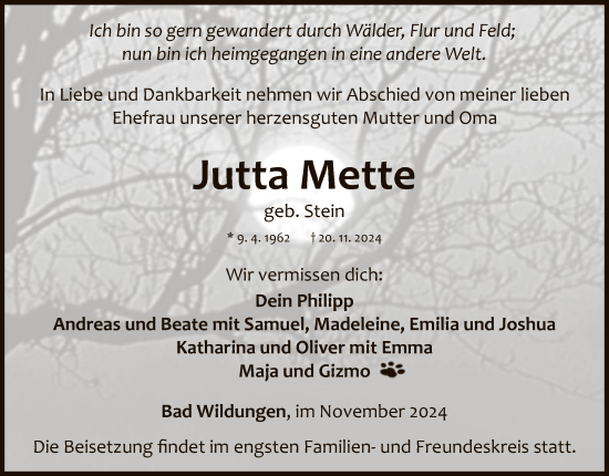 Traueranzeige von Jutta Mette von WLZ