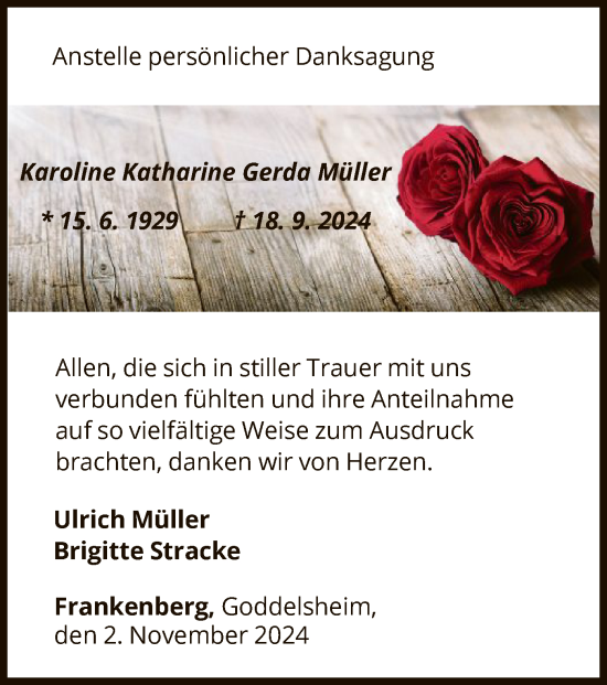 Traueranzeige von Karoline Katharine Gerda Müller von WLZHNA