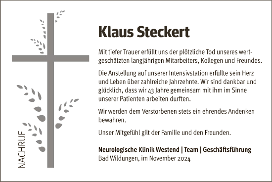 Traueranzeige von Klaus Steckert von WLZ