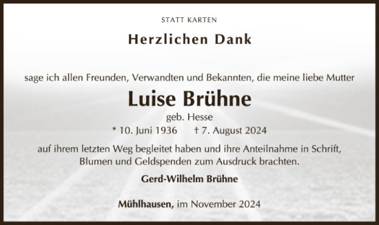 Traueranzeige von Luise Brühne von WLZ