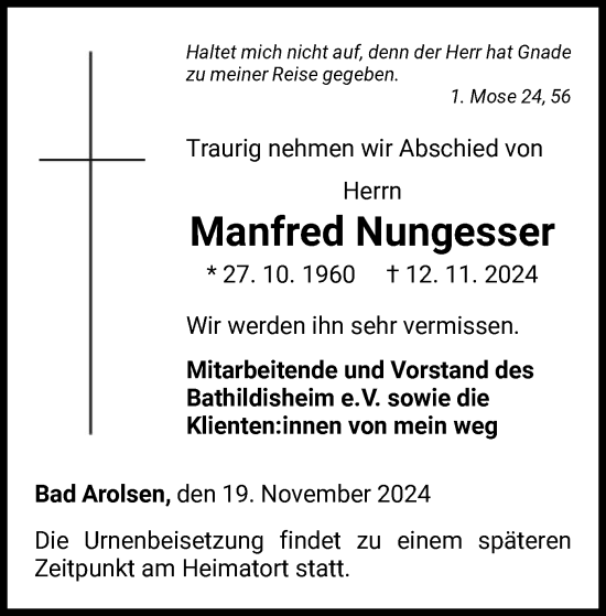 Traueranzeige von Manfred Nungesser von WLZ