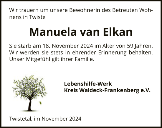 Traueranzeige von Manuela van Elkan von WLZ